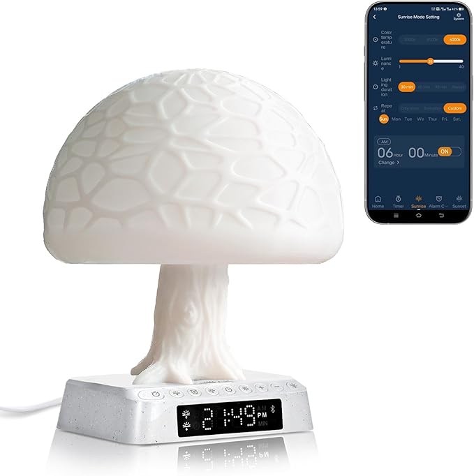 Sunrise Alarm Clock Wake Up Light - 3 Color LED Lamp with Sound & Light Awakening, Bioclock Adjustment & APP Control, Mushroom Tree Design for Bedroom Bedside
