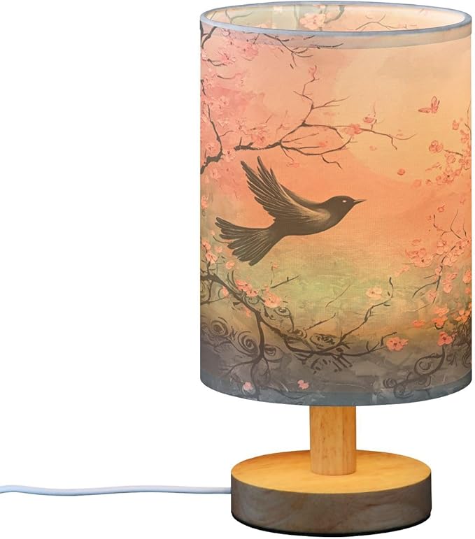Table LED Lamps Peach Blossom Moon Bird Bedroom Night Light Bedside Lamps with USB Ports Nightstand Lamps Wood Base Living Room Dorm Office