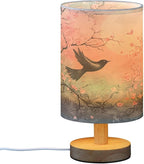 Table LED Lamps Peach Blossom Moon Bird Bedroom Night Light Bedside Lamps with USB Ports Nightstand Lamps Wood Base Living Room Dorm Office