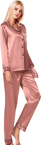 SWOMOG Womens Silk Satin Pajamas Set Long Sleeve Button Down Sleepwear 2 Piece Lounge Set Pj Set XS-3XL