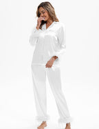 MORFORU Satin Pajama Set for Women Feather Trim Long Sleeve Pjs with Sleep Mask Headband Scrunchie Sleepwear Lounge Set