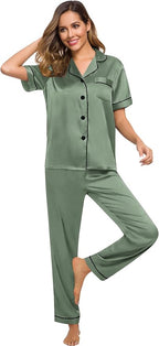 SWOMOG Women Satin Pajamas Set Short Sleeve Top & Pants Sleepwear Silky Button Down Nightwear 2pcs Loungewear Pjs Set
