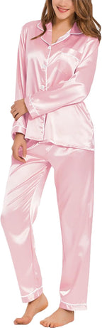 SWOMOG Womens Silk Satin Pajamas Set Long Sleeve Button Down Sleepwear 2 Piece Lounge Set Pj Set XS-3XL