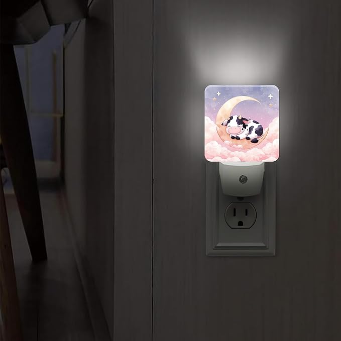 Cow Night Lights Plug Into Wall, Cute Fanciful Moon Clouds Summer Peach Automatic Plug in Night Lights with Sensor for Living Room Family Room Bedroom Decor 1pcs