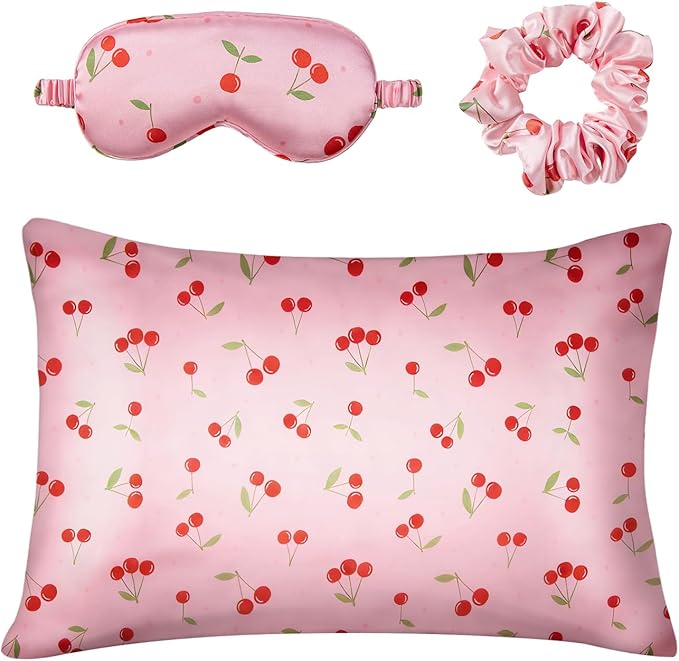 Slumber Satin Beauty Sleep Set, Cherry, 3-Piece Set with Pillowcase, Eye Mask, and Scrunchie