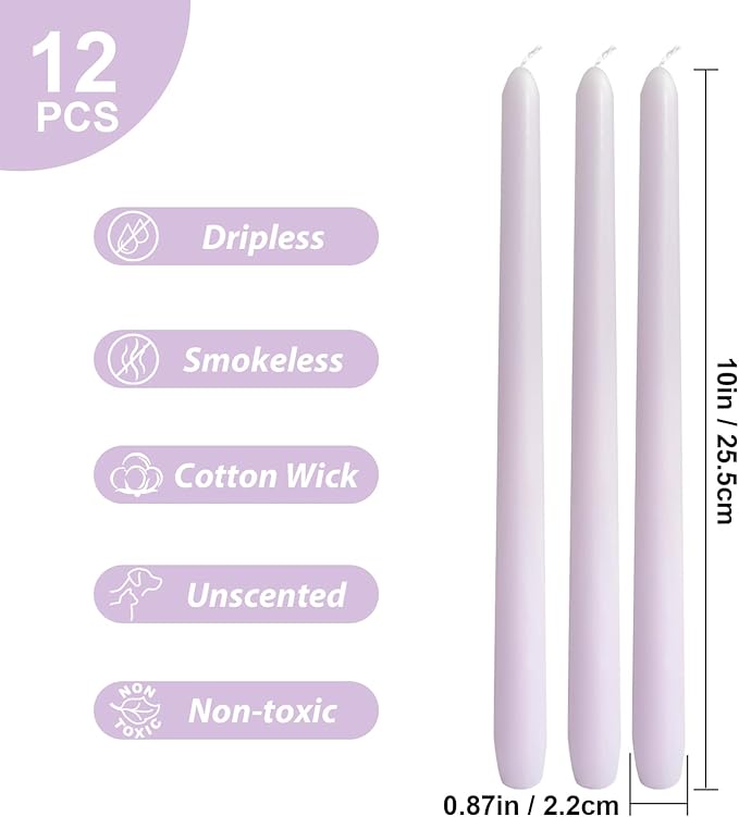 12-Pack Pale Purple Taper Candles, 10 Inch Unscented Dripless Candlesticks, Long-Lasting Burn Time of 6-7 Hours, Perfect for Home Décor, Weddings, and Events