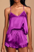 CHYRII Women's Sexy Silk Satin Ruffled Pajamas Sets Cami Shorts Sets Sleepwear