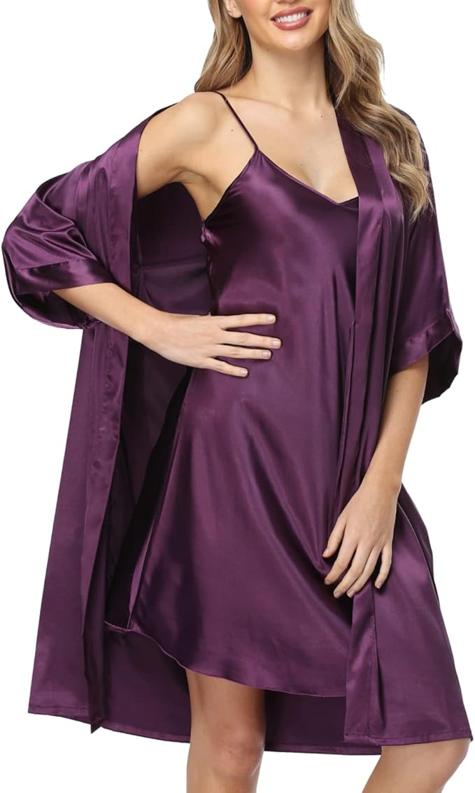 Women's Satin Robe Sets 2 Piece Nightgown Silk Pajama Sexy Floral Lingerie Lace Cami Sleepwear Night Robes