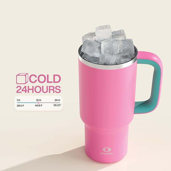 ENCOOL 32 oz Tumbler with Handle and Straw: Stainless Steel Insulated Tumbler Keeps Cold for 24 Hours, Leakproof Travel Cup Fits in Cup Holder and BPA-Free,Light Crimson