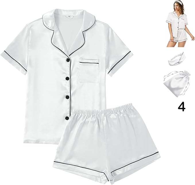 WJing Yi Jia 4Pcs Womens Satin Silky Pajama Sets Short Sleeve Shirt XS-4XL Floral Pajamas Set Soft PJ Loungewear Sleepwear