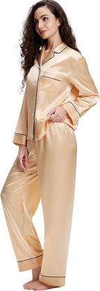 Lonxu Silk Satin Womens Pajama Sets Button Down Sleepwear Loungewear XS~3XL