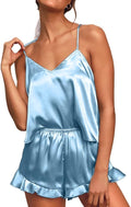 CHYRII Women's Sexy Silk Satin Ruffled Pajamas Sets Cami Shorts Sets Sleepwear