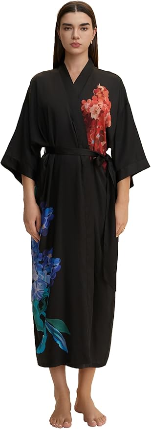 Kihnop Women's Floral Long Kimono Robe Long Satin Robe Long Silk Robe Ladies Kimonos Silky Bathrobe Cover Up, One Size
