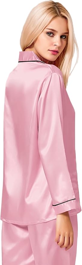 SWOMOG Womens Silk Satin Pajamas Set Long Sleeve Button Down Sleepwear 2 Piece Lounge Set Pj Set XS-3XL