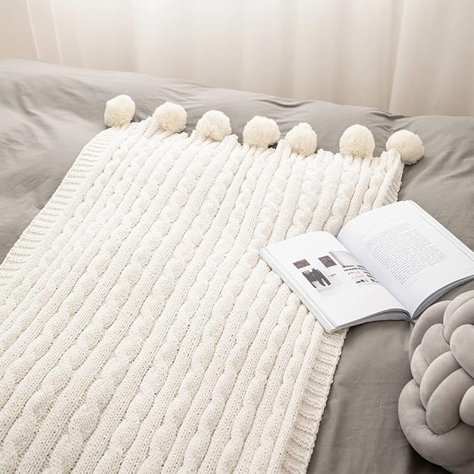 ATMOSURELY Ultra Soft Beige Chenille Cable Knit Throw Blanket with Handmade Pom Poms Cozy Fluffy Knitted Blanket Lightweight Warm Woven Farmhouse Blanket for Bed Sofa Couch 50x60 Inches (Beige)
