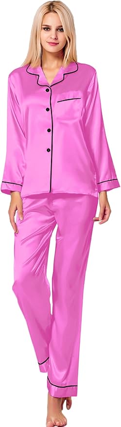 SWOMOG Womens Silk Satin Pajamas Set Long Sleeve Button Down Sleepwear 2 Piece Lounge Set Pj Set XS-3XL