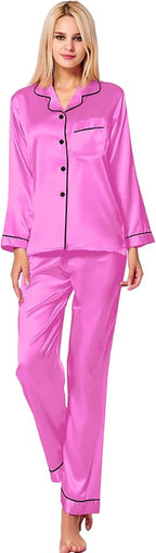 SWOMOG Womens Silk Satin Pajamas Set Long Sleeve Button Down Sleepwear 2 Piece Lounge Set Pj Set XS-3XL