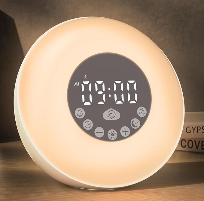 Glocusent Sunrise Alarm Clock for Kids & Heavy Sleepers, Wake Up Light with 14 White Noise Sounds, Dual Alarm Clock, Bluetooth Speaker, Bedside Night Light for Bedroom.