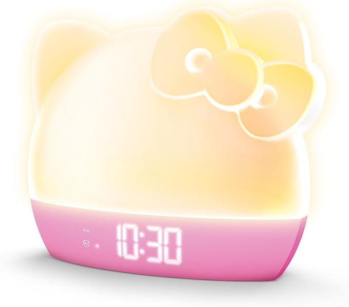 Hello Kitty Sunrise Alarm Clock with Color-Changing RGB LED Night Light – Ambient Lighting, Time/Date/Temperature Display, USB Powered w/Device Charging, Pink