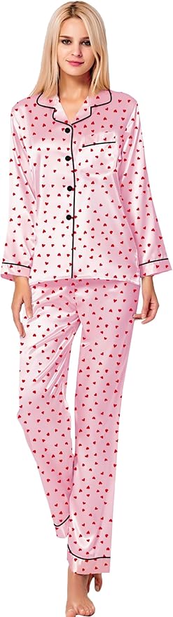 SWOMOG Womens Silk Satin Pajamas Set Long Sleeve Button Down Sleepwear 2 Piece Lounge Set Pj Set XS-3XL