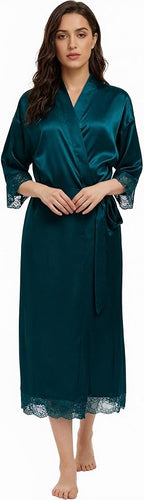 Long Satin Robes for Women Ankle Length Kimono Robes Silky Bridal Party Robes with Lace Trim Bridesmaid Loungewear Sleepwear