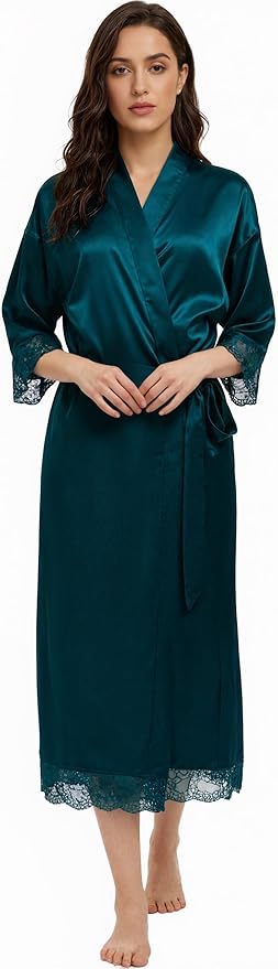Long Satin Robes for Women Ankle Length Kimono Robes Silky Bridal Party Robes with Lace Trim Bridesmaid Loungewear Sleepwear