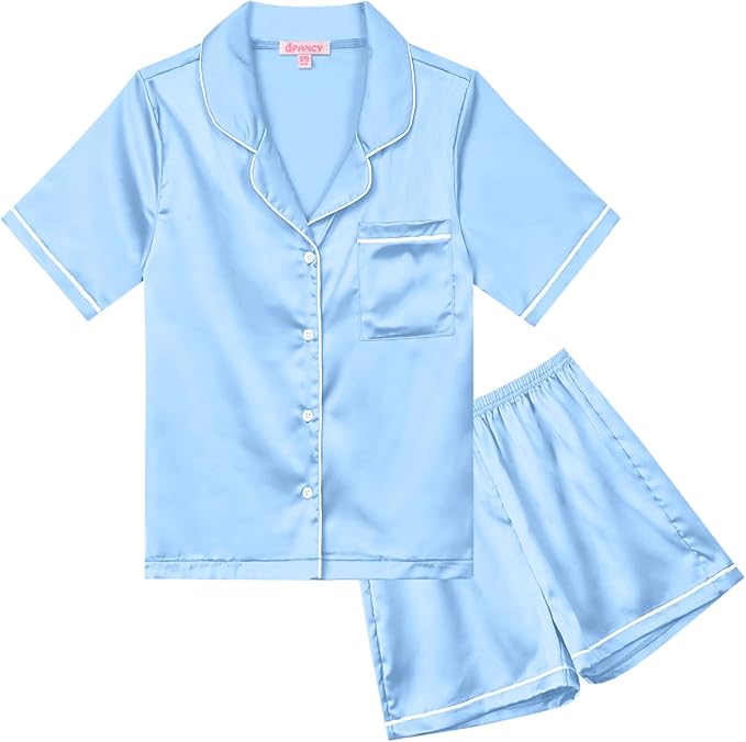 QPANCY Kids Satin Pajamas Sets Baby Boy Girl Button-Down Silk Sleepwear 2 Piece Short Sleeve Loungewear Clothes Set