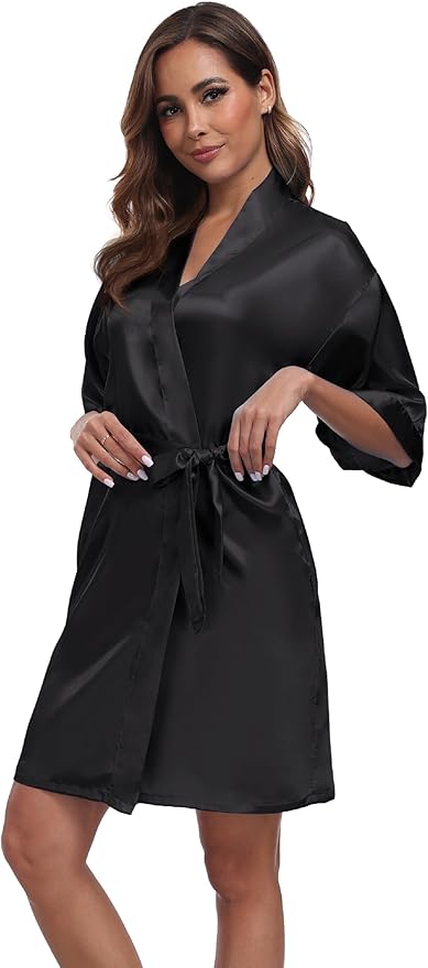 Women's Short Satin Robes Silky Bathrobe Bridesmaid Sleepwear for Wedding Party Getting Ready Solid Color