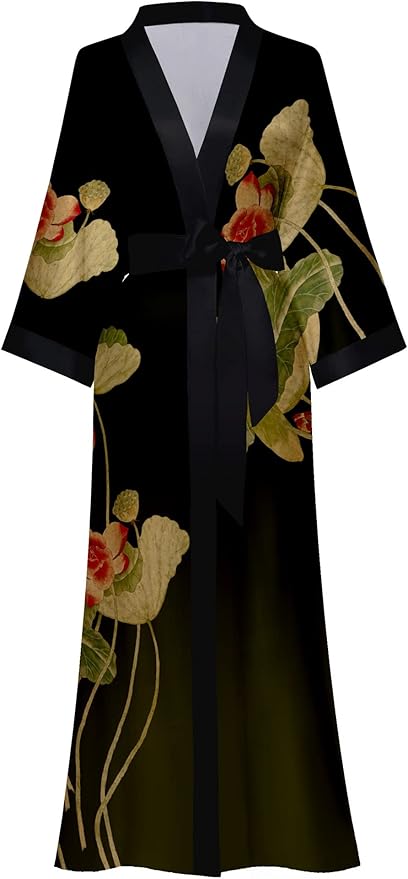 Kihnop Women's Floral Long Kimono Robe Long Satin Robe Long Silk Robe Ladies Kimonos Silky Bathrobe Cover Up, One Size