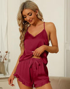 SAPJON Silk Pajamas for Women Set 4Pcs Ruffled Satin Pajamas Set Button Down Short Sleeve Cami Shorts Sleepwear Pj Set