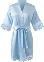 Womens Short Satin Robe Lace Trim Silk Kimono Sleepwear Bridesmaid Robes for Bride Wedding Party Nightgown