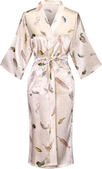 Valennia Women Long Silky Bathrobe Satin Kimono Robe Floral Printed Dressing Gown Sleepwear
