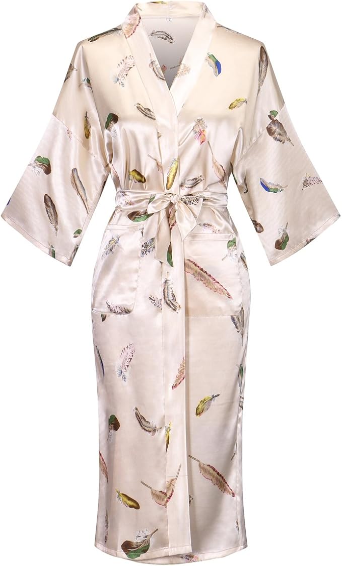 Valennia Women Long Silky Bathrobe Satin Kimono Robe Floral Printed Dressing Gown Sleepwear