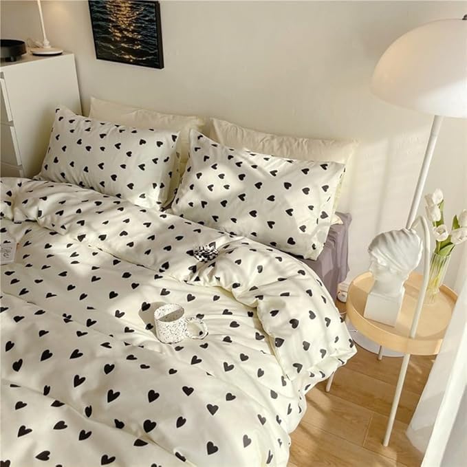 Nayoroom Black and White Heart Duvet Cover Full Size Black Hearts Printed on White Bedding Set 3 Pcs Cute Kawaii Soft Breathable Microfiber Comforter Cover Valentine Gifts for Kids Girls