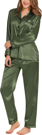 SWOMOG Womens Silk Satin Pajamas Set Long Sleeve Button Down Sleepwear 2 Piece Lounge Set Pj Set XS-3XL