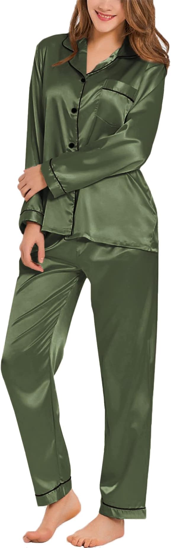 SWOMOG Womens Silk Satin Pajamas Set Long Sleeve Button Down Sleepwear 2 Piece Lounge Set Pj Set XS-3XL