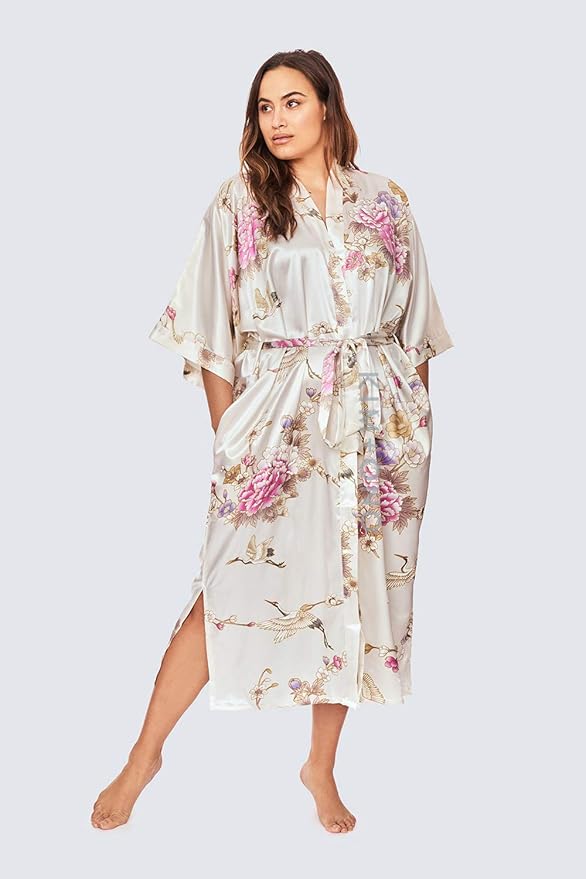KIM+ONO Plus Size Luxury Kimono Robe for Women | Long Satin Floral Robe | Original Design | Removable Waist Tie Closure