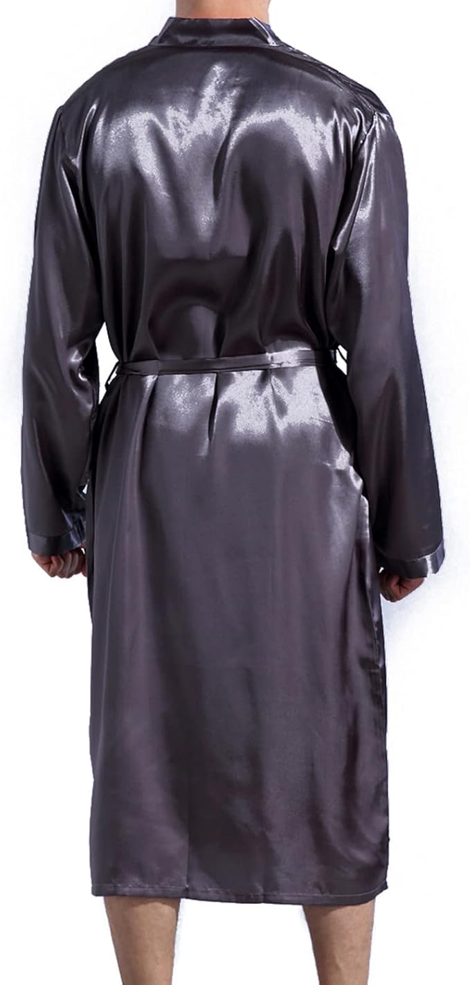 Previn Men's Satin Kimono Robe Long Spa Bathrobes Luxurious Silk Long Sleeve Loungewear