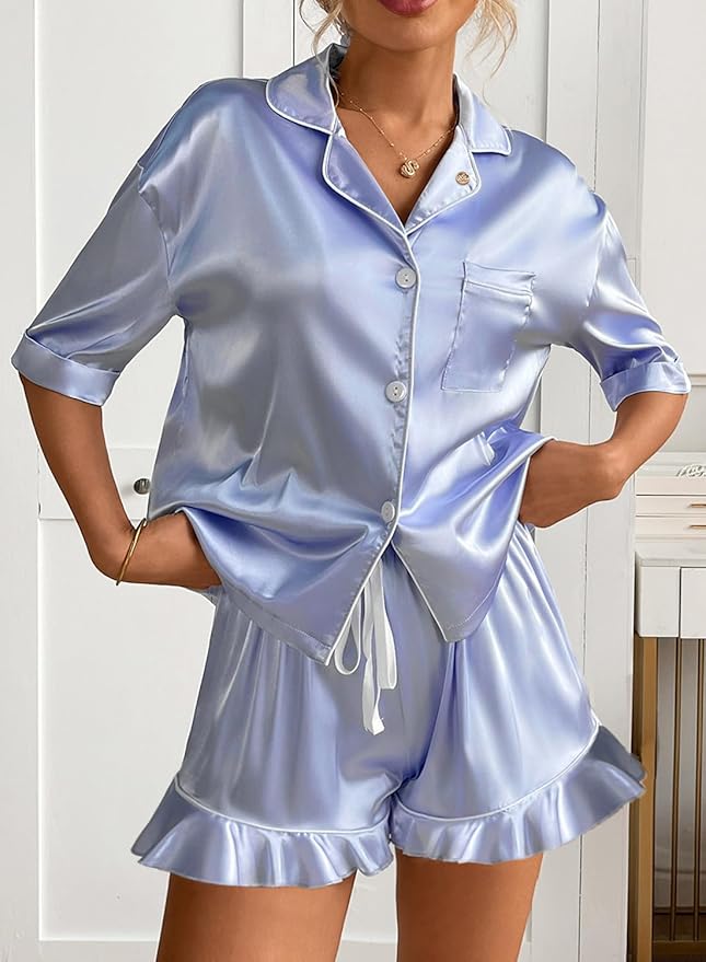 CHYRII Women's Silk Satin Pajamas Two Piece Pj Sets Short Sleeve Tops Ruffled Shorts Sleepwear with Magnetic Diffuser