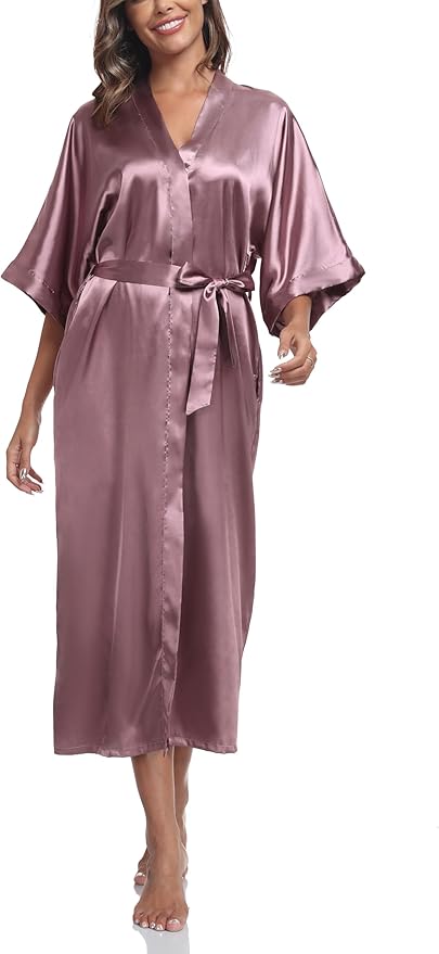Women's Silk Robes Soft Long Satin Kimono Bathrobe Bride Bridesmaid Wedding Party Robes Sexy Sleepwear with Pockets