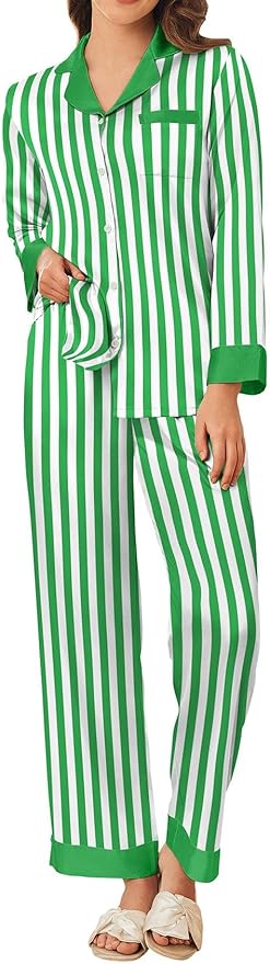 Ekouaer Silk Pajamas for Women Long Sleeve Satin Pajama Set Silky Pj Sets 2 Piece Button Down Loungewear Sleepwear