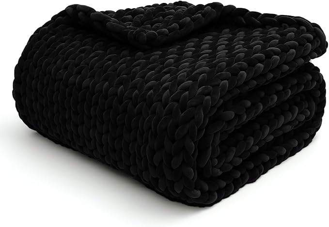 YnM Velvet Weighted Blanket, Handmade Chunky Knitted Design, Soft and Cozy, Temperature Regulating and Breathable, Machine Washable Throw for Sleep or Home Decor (Black, 50x60 Inch, 10lbs)