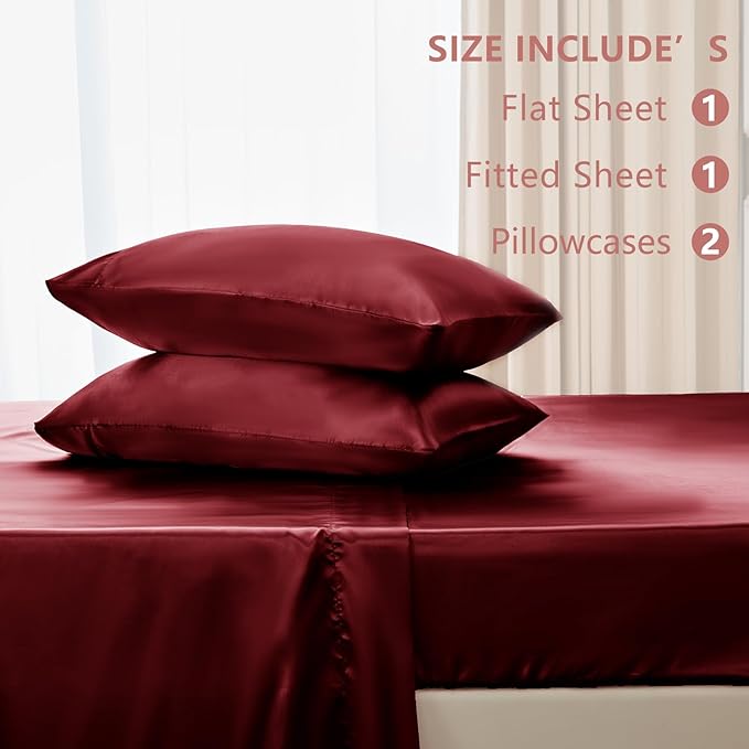 CozyLux Satin Sheets King Size Sheet Set - 4 Piece Silky King Sheets, Luxury Burgundy King Bed Set with Smooth and Soft Microfiber, Includes 1 Fitted Sheet, 1 Flat Sheet and 2 Pillowcases