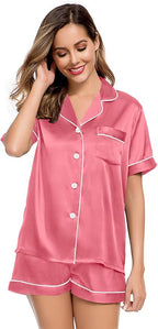 LecGee Womens Silk Satin Pajamas Short Sleeve Loungewear Two-Piece Sleepwear Button-Down Pj Set