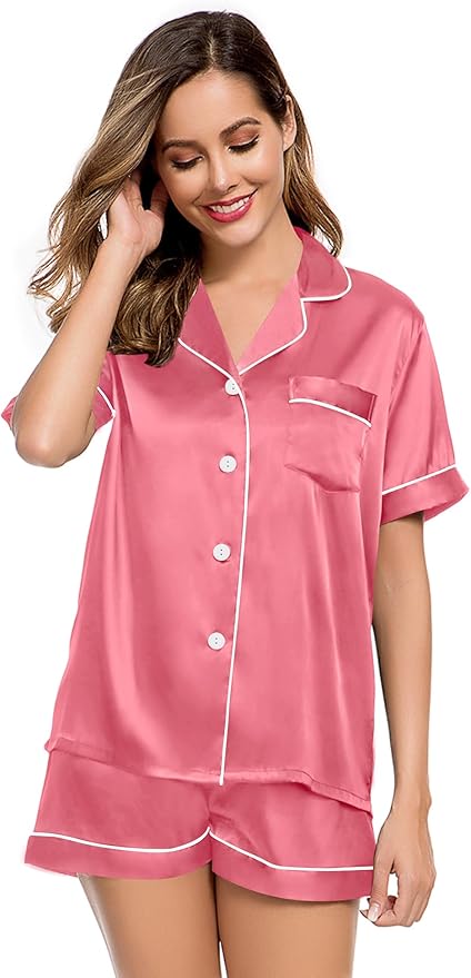 LecGee Womens Silk Satin Pajamas Short Sleeve Loungewear Two-Piece Sleepwear Button-Down Pj Set