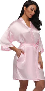Women's Short Silky Robes Womens Satin Bathrobe Bride Bridesmaid Wedding Party Sleepwear Loungewear