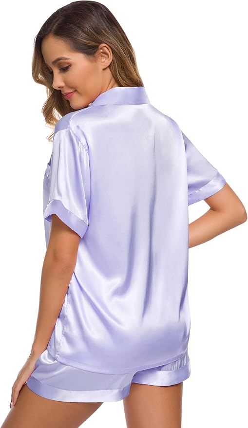 SWOMOG Womens Silk Satin Pajamas Set Short Sleeve Sleepwear Button Down Top and Shorts Loungewear 2 Piece Pjs Set XS-3XL