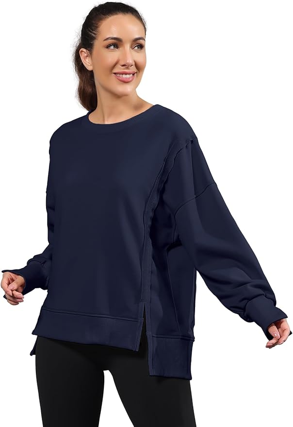 Nirovien Womens Oversized Crewneck Sweatshirt Side Slit Long Sleeve Pullover Slouchy Fit Tops