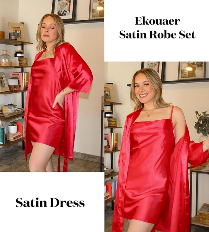 Ekouaer Women's Satin Robe Set Nightgown with Robes Silk Pajama Set 2 Pieces Lingerie Cowl Neck Cami Sleepwear Sets