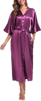 Womens Long Silky Robe Satin Kimono Robes Silk Bathrobe for Wedding Party Full Length Dressing Gown